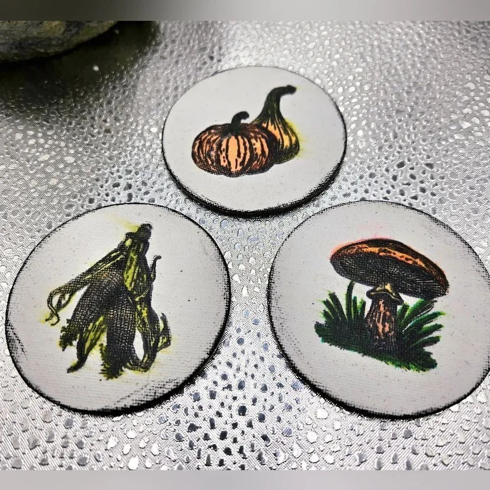"5/$40" Set Of 3 Round Canvas Hand Painted Watercolor Fall Themed Fridge Magnets